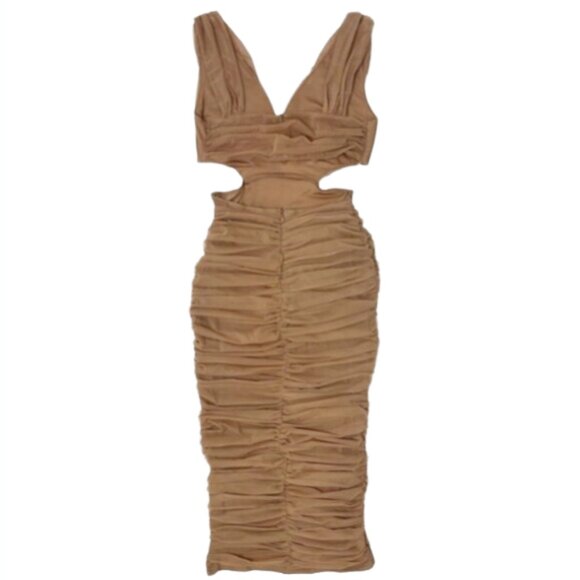 Akira Brown Ruched Mesh Midi Dress S Sleeveless Bodycon Formal Party - Picture 6 of 13